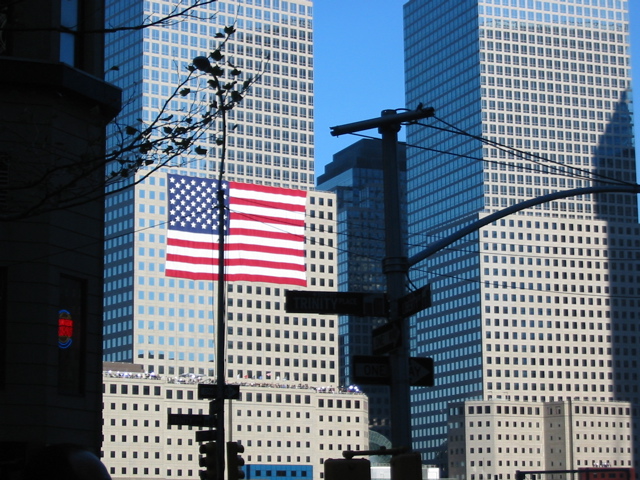 Flag hanging over World Trade Center Site