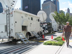 Rows and rows of media trucks