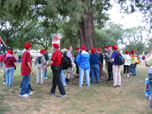 People in red hats